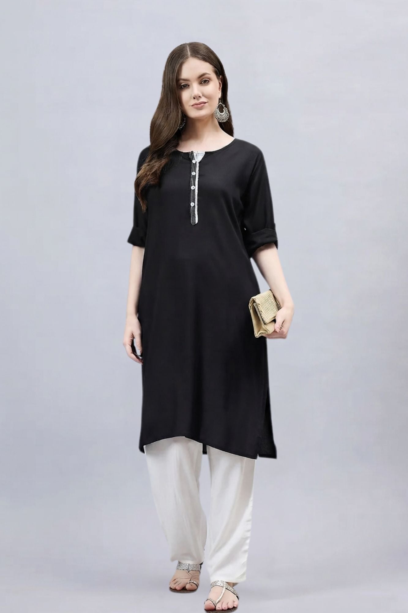 Black Round Neck Straight Fit Rayon Kurti