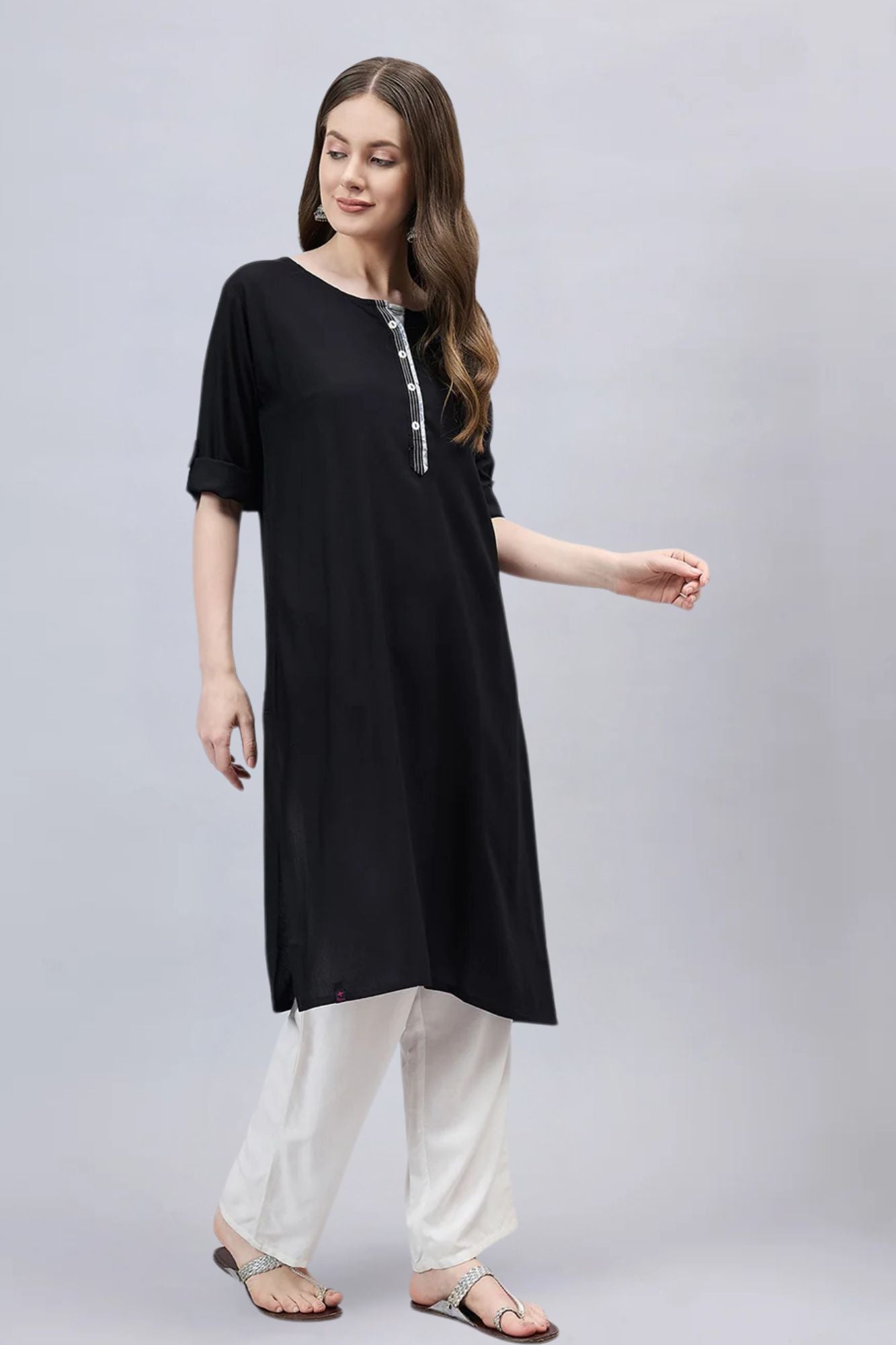 Black Round Neck Straight Fit Rayon Kurti