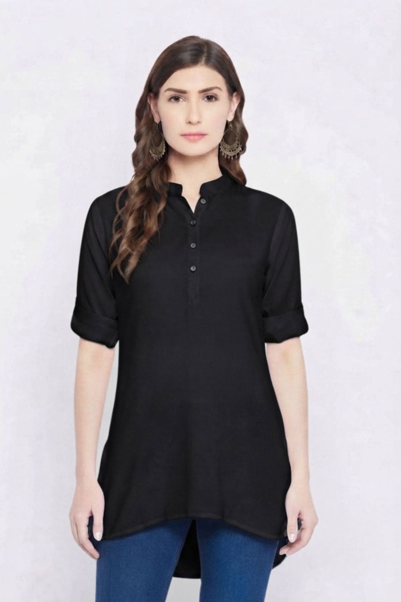 Black Solid Coloured Short Kurti - 32" Length