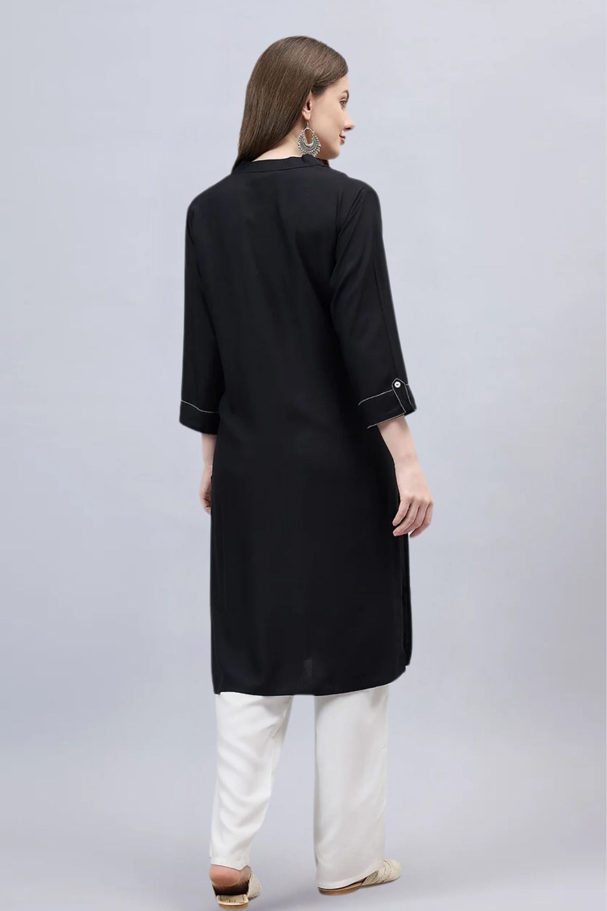 Black V-Neck Straight Fit Rayon Kurti