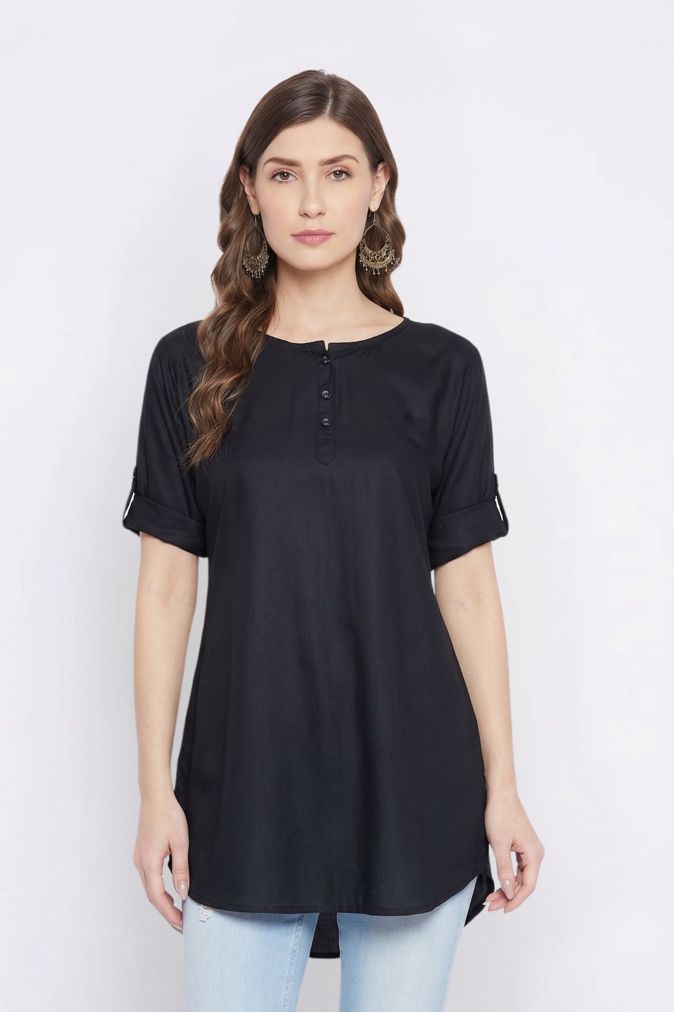 Black Solid Coloured Short Kurti - 32" Length