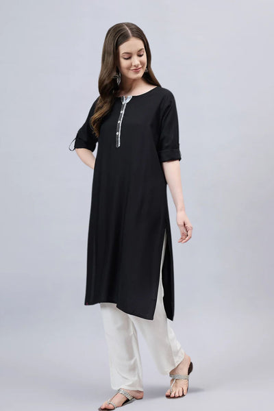 Black Round Neck Straight Fit Rayon Kurti