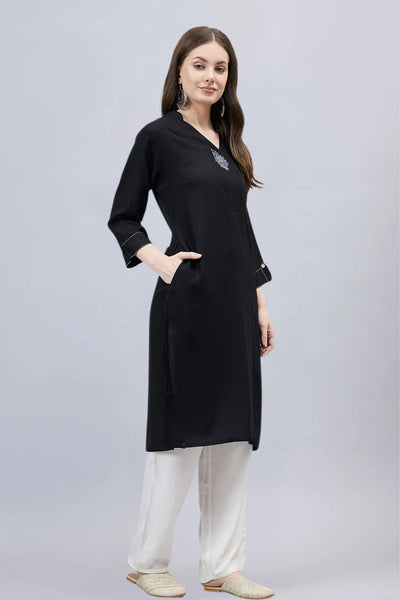 Black V-Neck Straight Fit Rayon Kurti