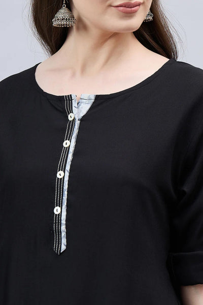 Black Round Neck Straight Fit Rayon Kurti