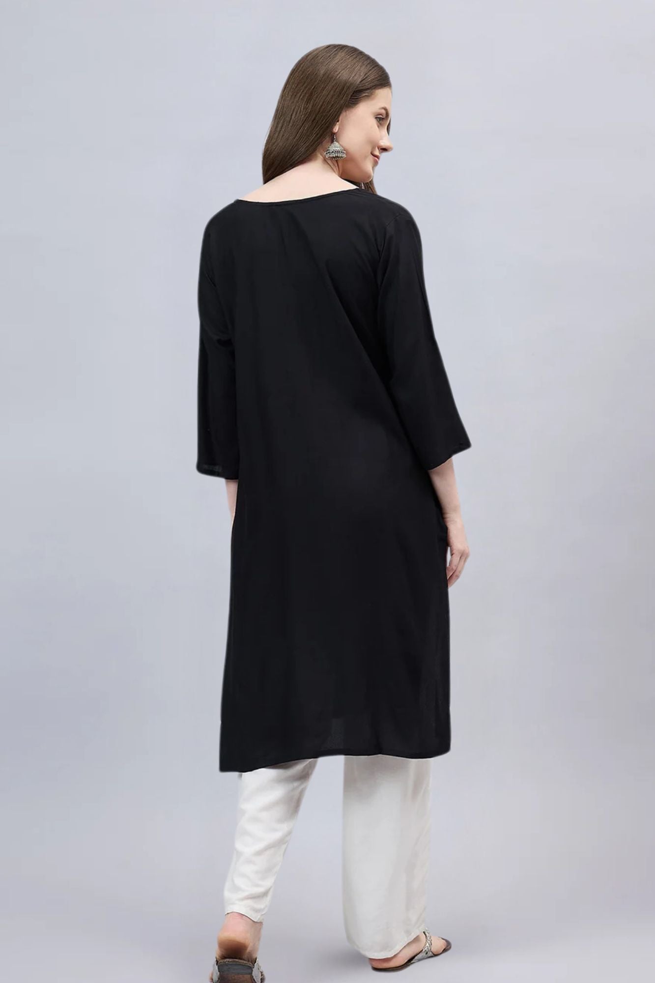 Black Round Neck Straight Fit Rayon Kurti