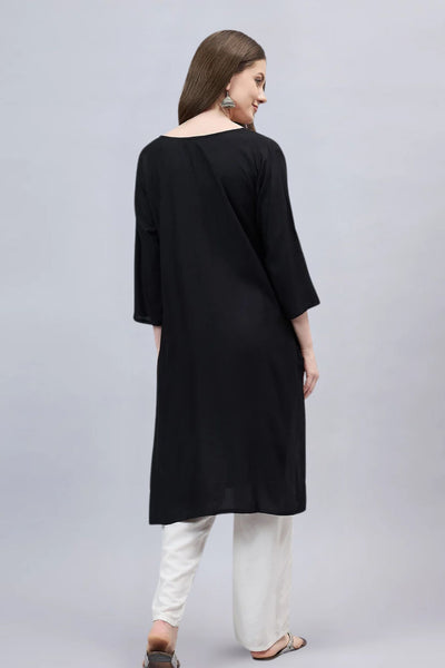 Black Round Neck Straight Fit Rayon Kurti