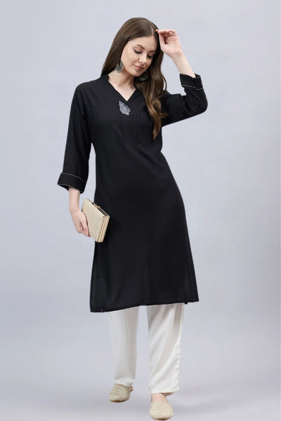 Black V-Neck Straight Fit Rayon Kurti