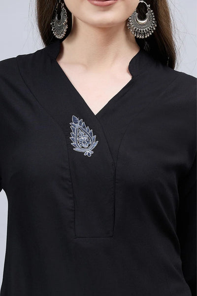 Black V-Neck Straight Fit Rayon Kurti