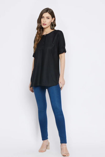 Black Solid Coloured Short Kurti - 32" Length
