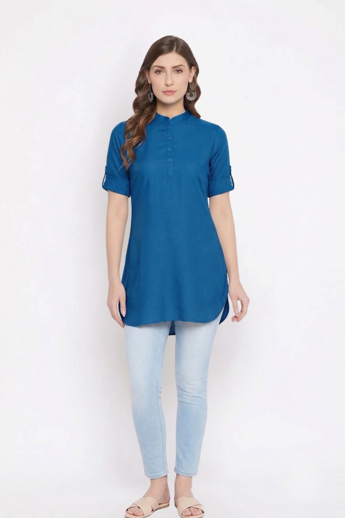 Blue Solid Coloured Short Kurti - 32" Length