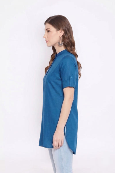Blue Solid Coloured Short Kurti - 32" Length