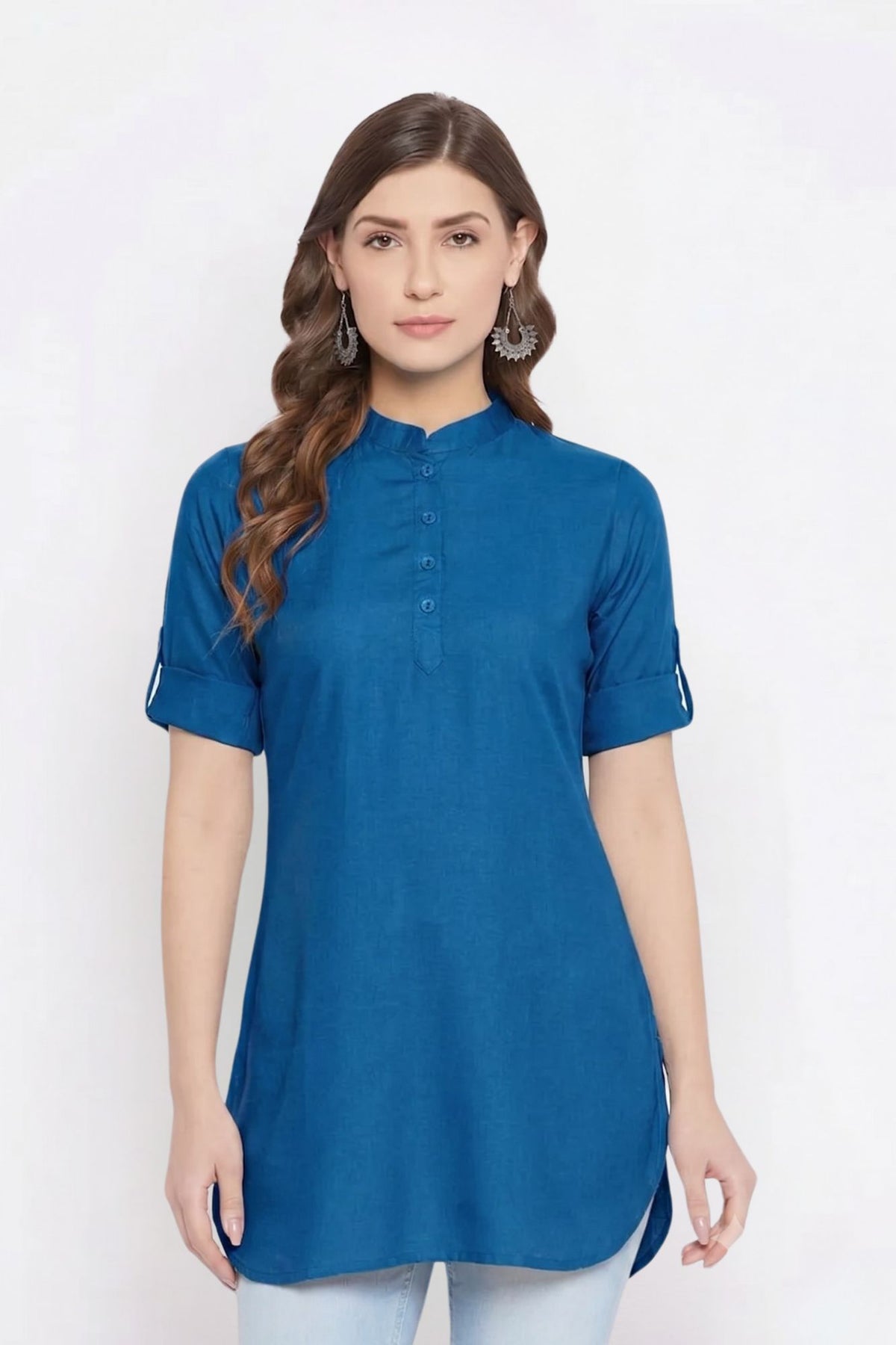 Blue Solid Coloured Short Kurti - 32" Length