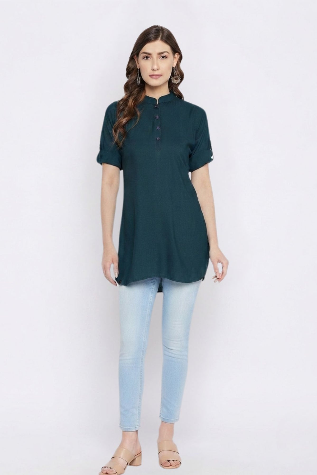 Bottle Green Solid Coloured Short Kurti - 32" Length