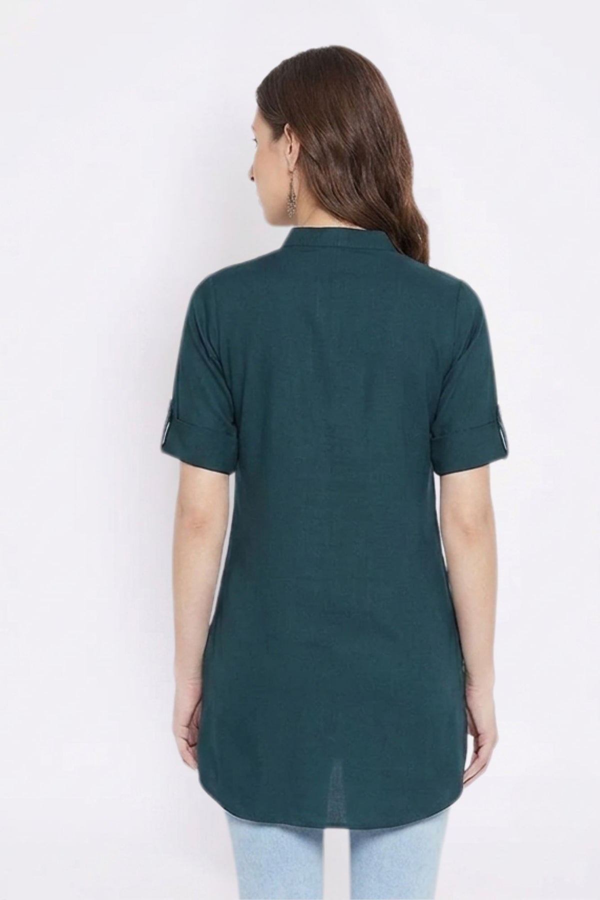 Bottle Green Solid Coloured Short Kurti - 32" Length