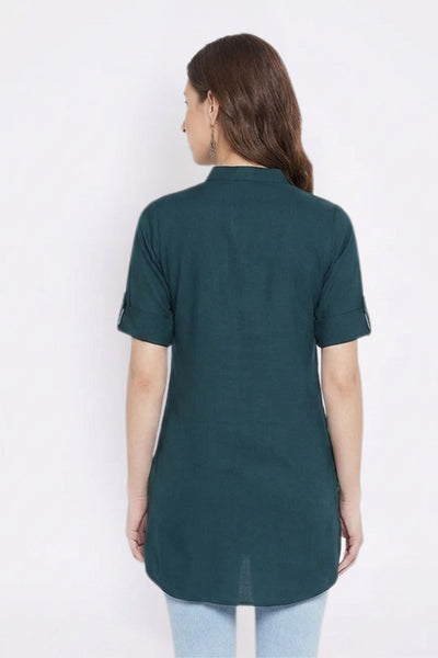 Bottle Green Solid Coloured Short Kurti - 32" Length