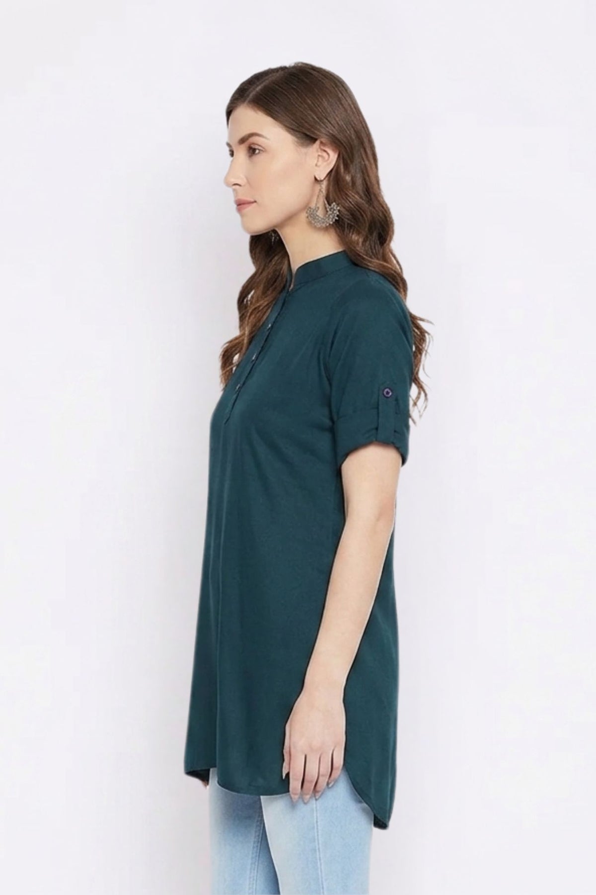 Bottle Green Solid Coloured Short Kurti - 32" Length