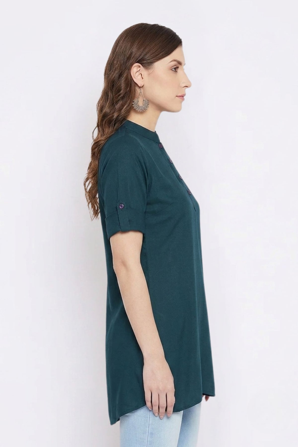 Bottle Green Solid Coloured Short Kurti - 32" Length