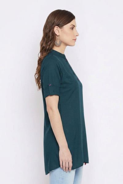 Bottle Green Solid Coloured Short Kurti - 32" Length
