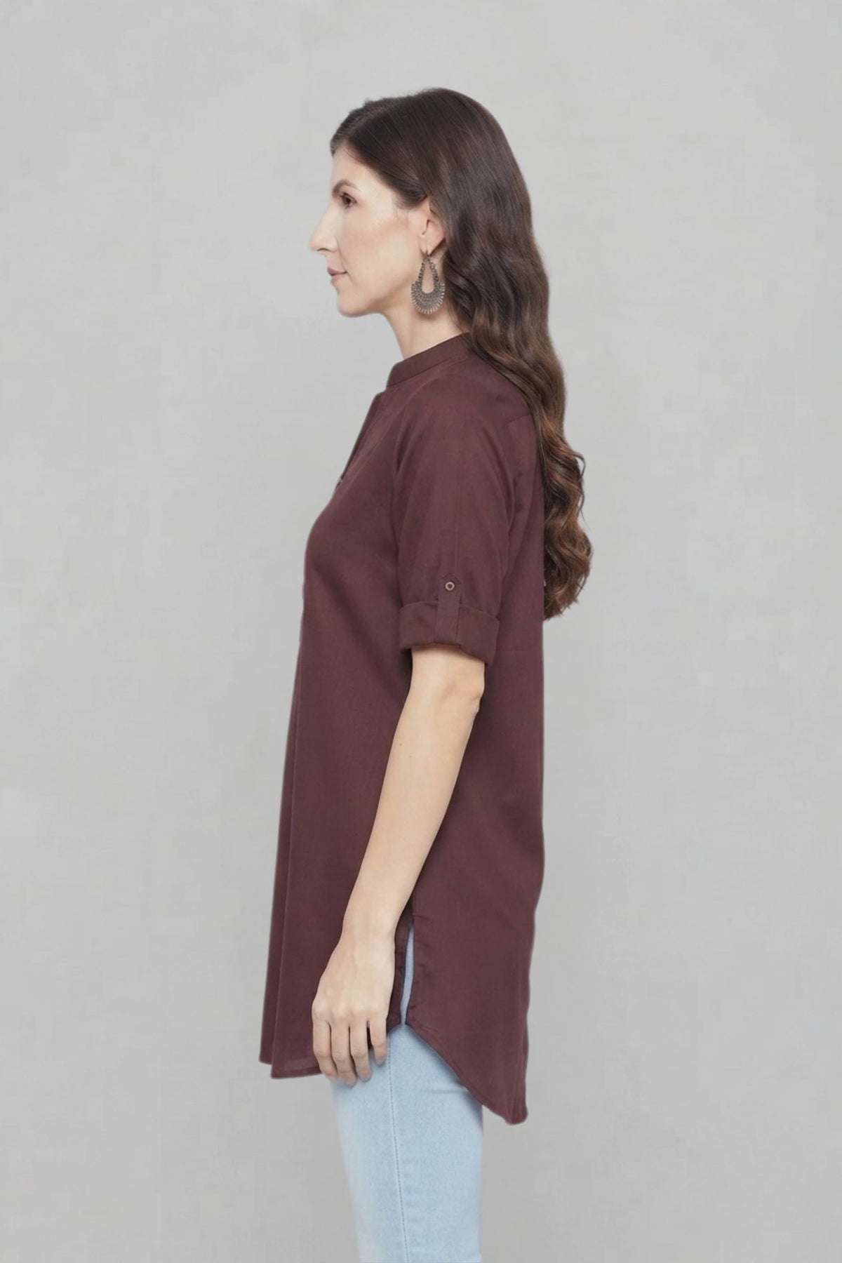 Brown Solid Coloured Short Kurti - 32" Length