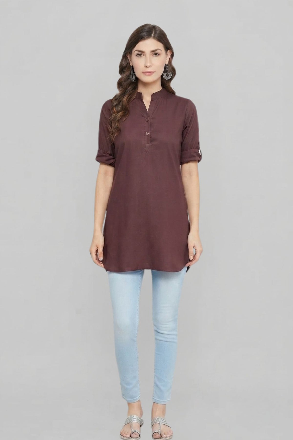 Brown Solid Coloured Short Kurti - 32" Length