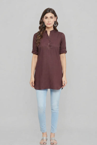 Brown Solid Coloured Short Kurti - 32" Length