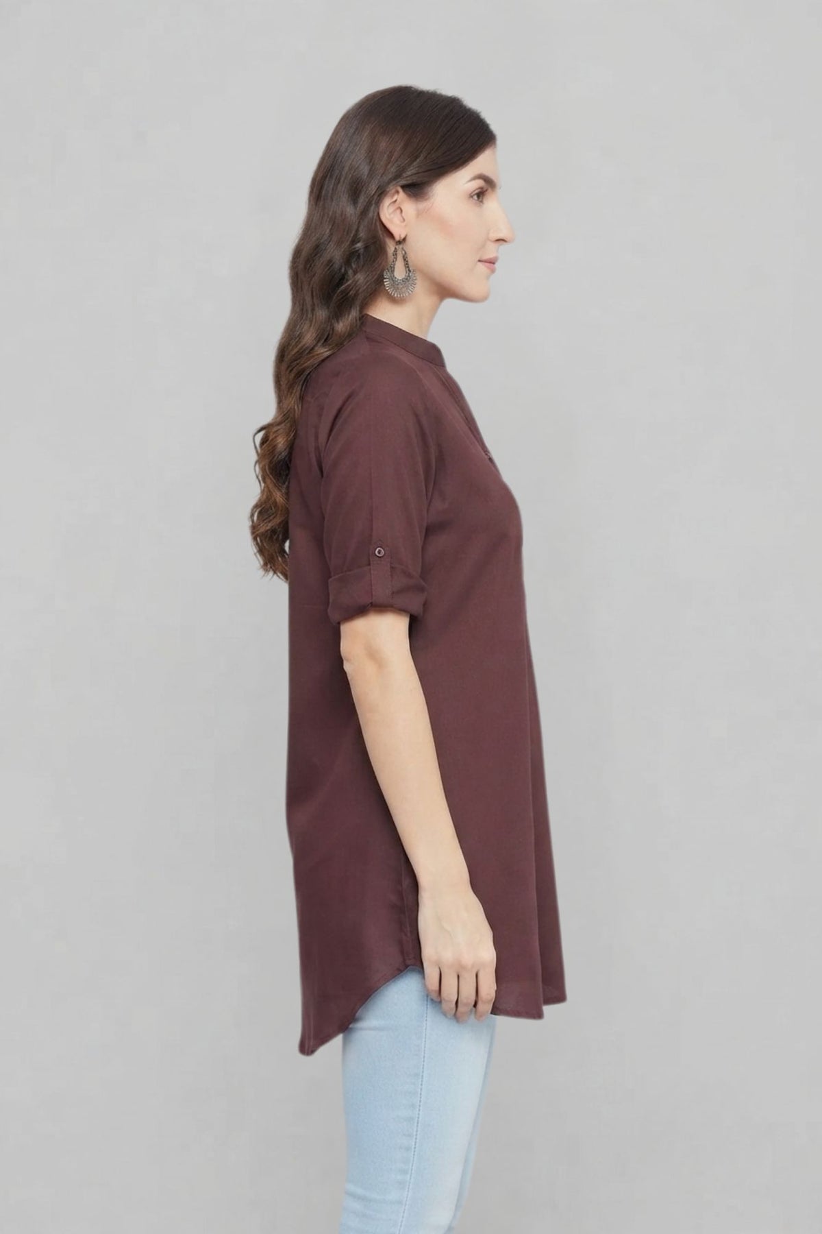 Brown Solid Coloured Short Kurti - 32" Length