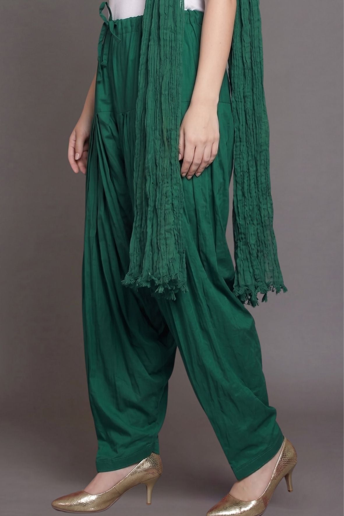 Bottle Green Plain  Cotton Patiala with Dupatta