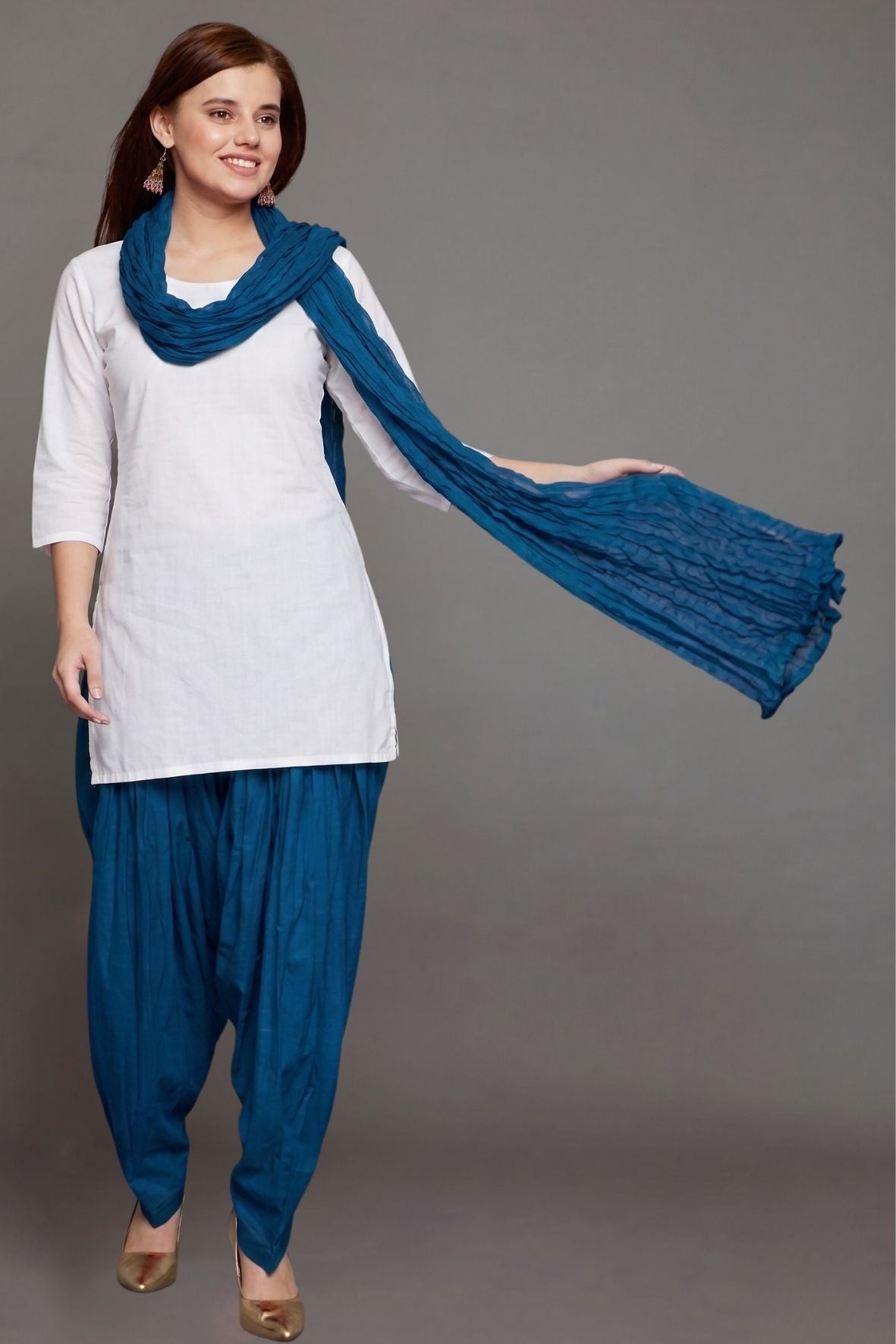 Peacock Blue Plain  Cotton Patiala with Dupatta