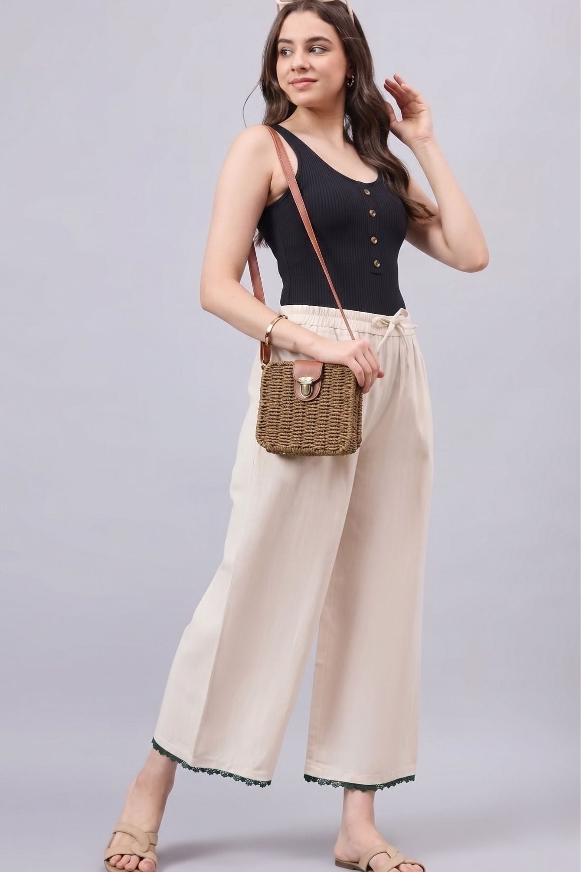 Cotton Palazzo With Red Lace Detailing