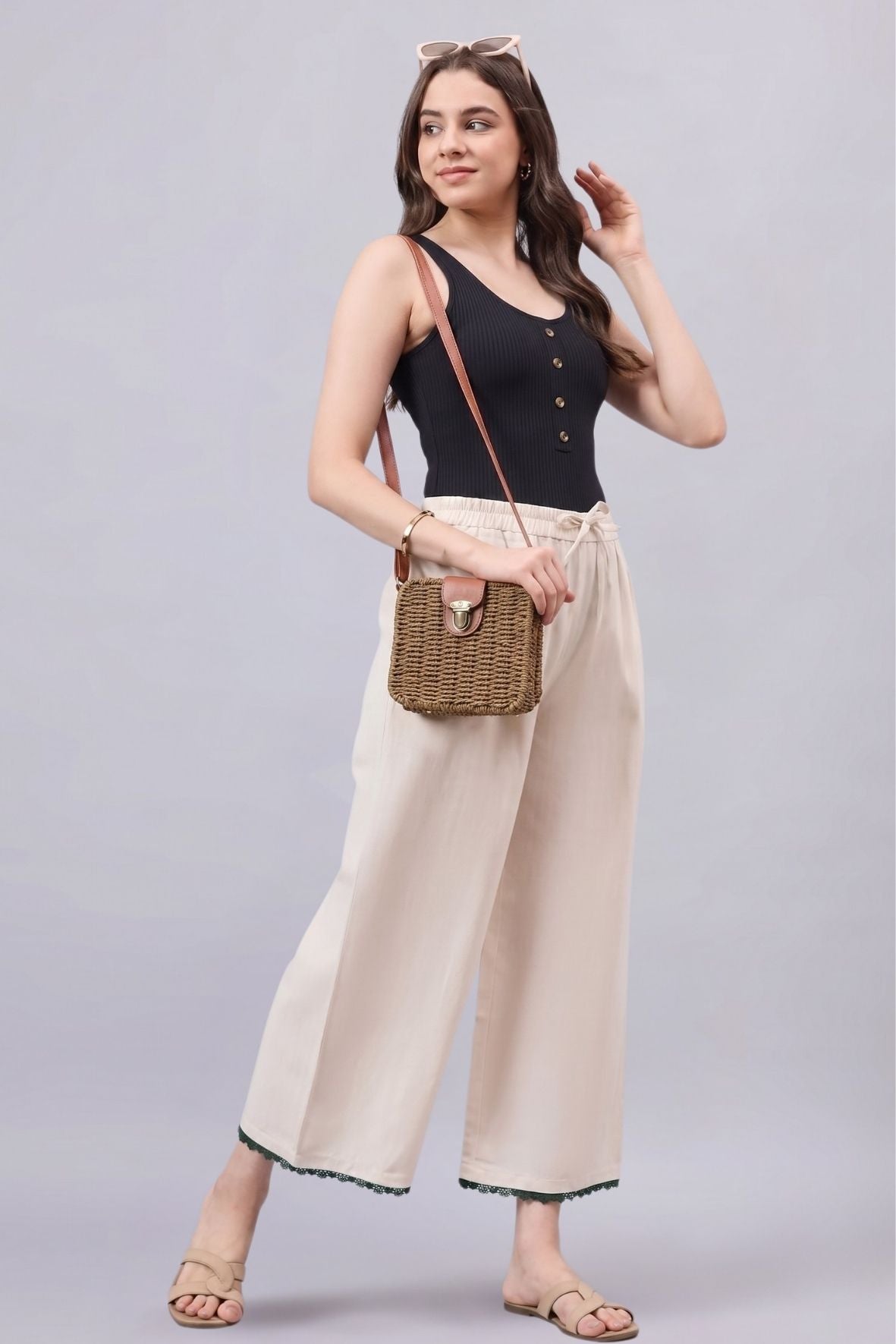 Cotton Palazzo With Dark Green Lace Detailing