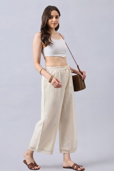 Cotton Palazzo With Maroon Lace Detailing
