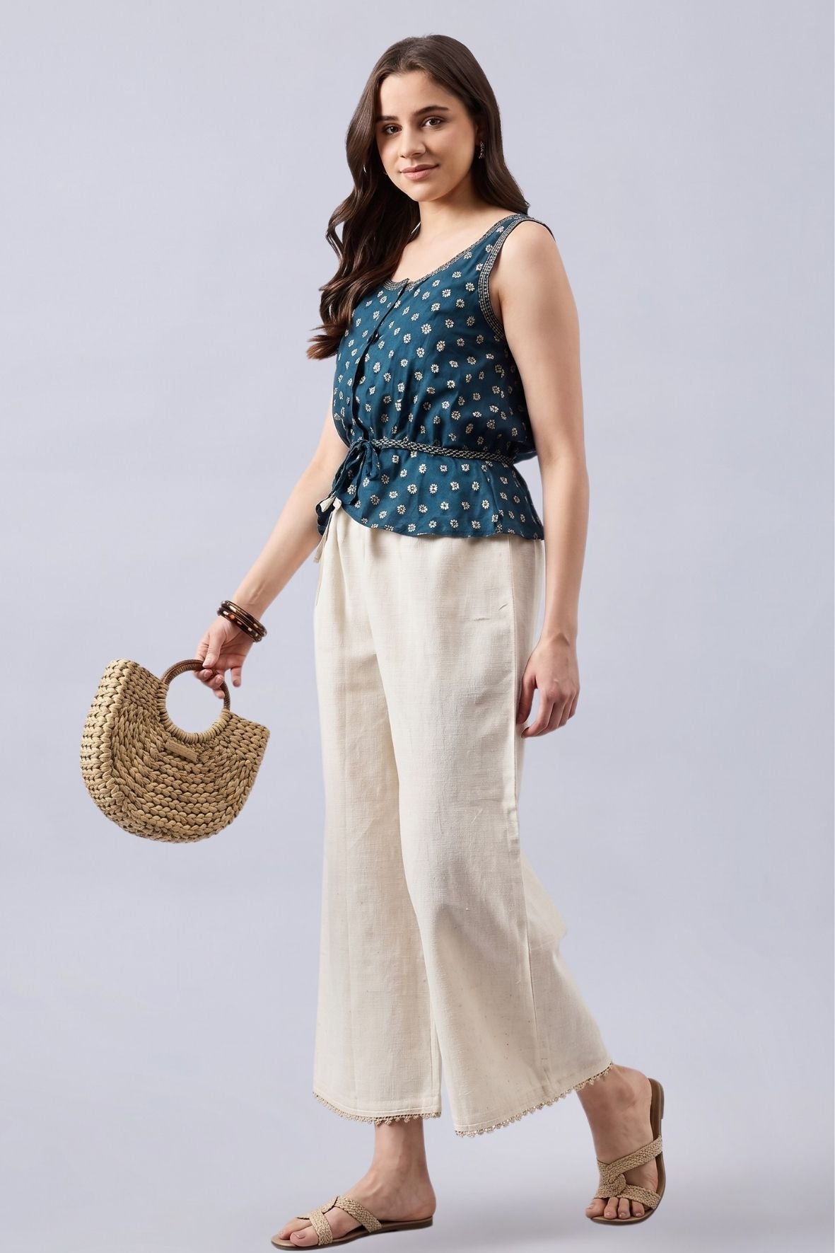 Cotton Palazzo With Maroon Lace Detailing