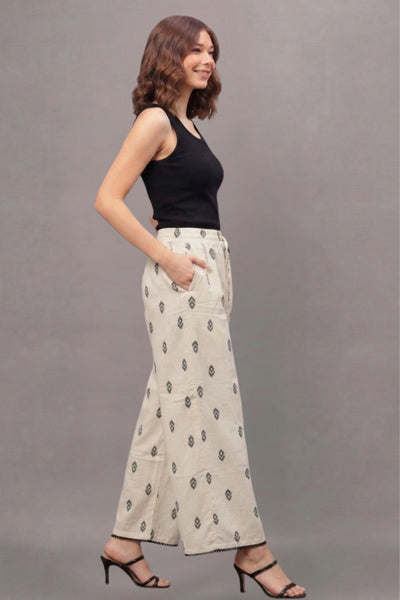Charcoal Buta Print Cotton Lace Palazzo