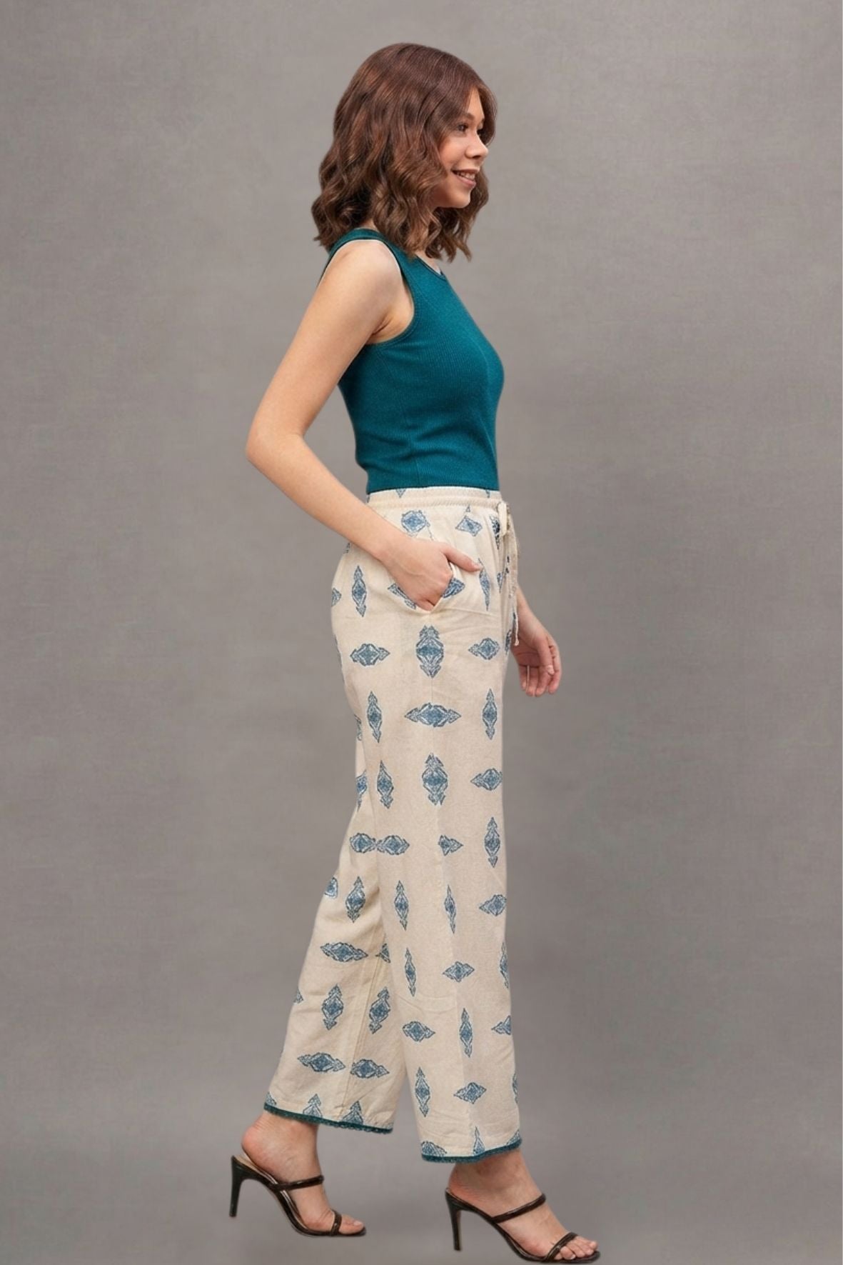 Teal Tribal Print Cotton Lace Palazzo
