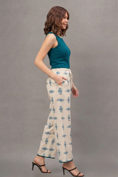 Teal Tribal Print Cotton Lace Palazzo