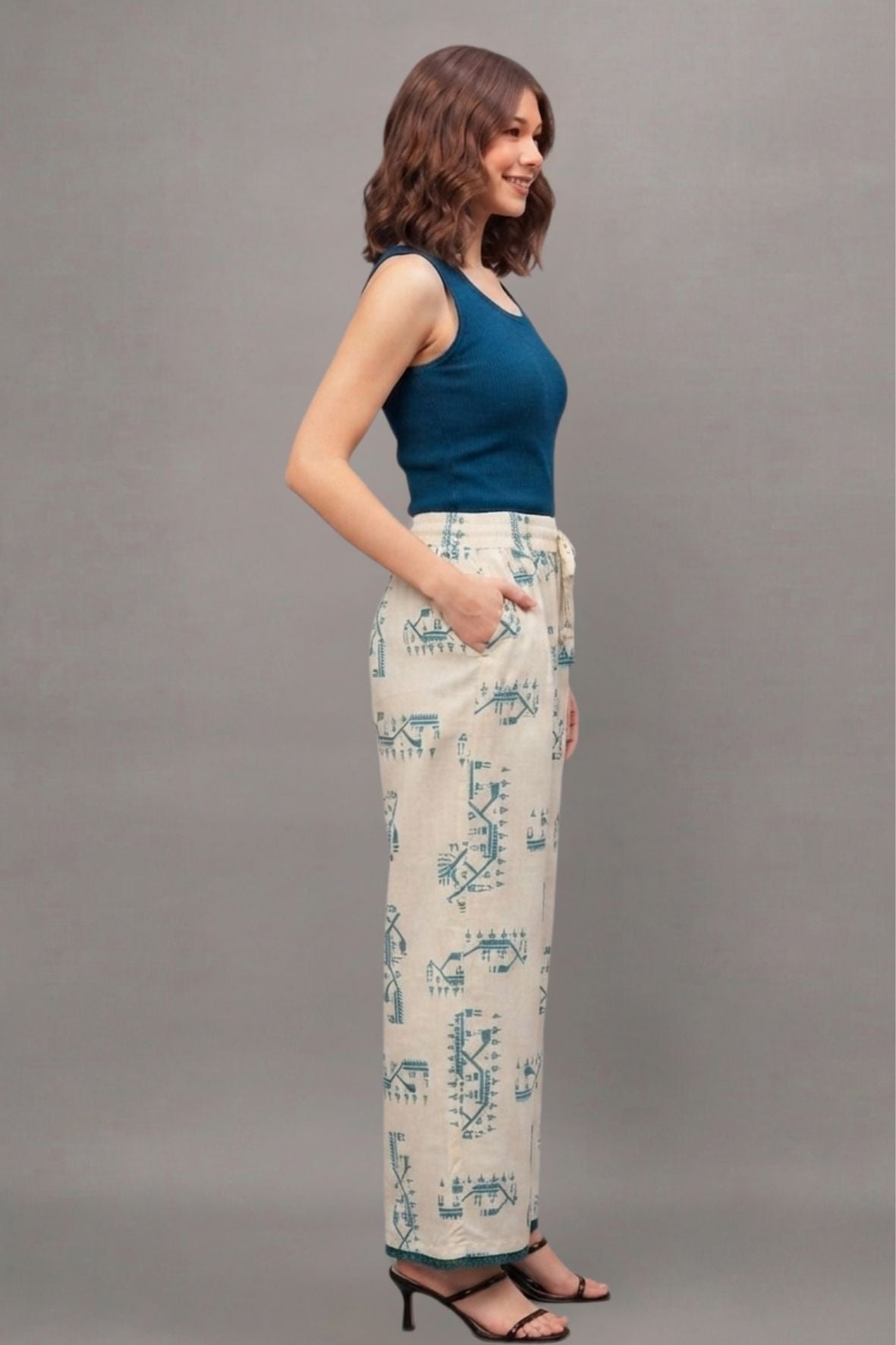 Ivory Teal Ethnic Motif Print Cotton Palazzo