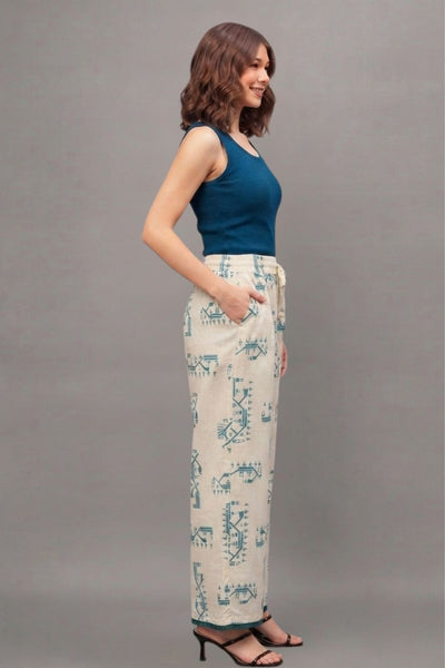 Ivory Teal Ethnic Motif Print Cotton Palazzo