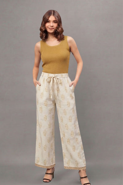 Ivory Mustard Buti Print Cotton Lace Palazzo