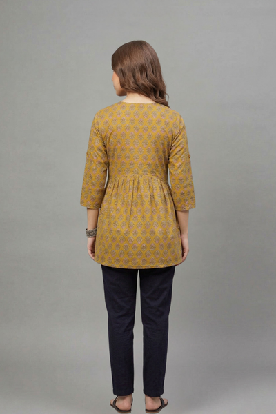 Mustard Floral Buti Print V-Neck Cotton Kurti for Women