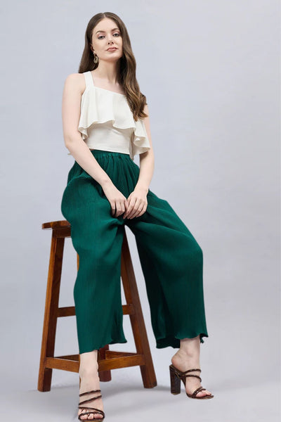 Bottle Green Pleated Chiffon Palazzo