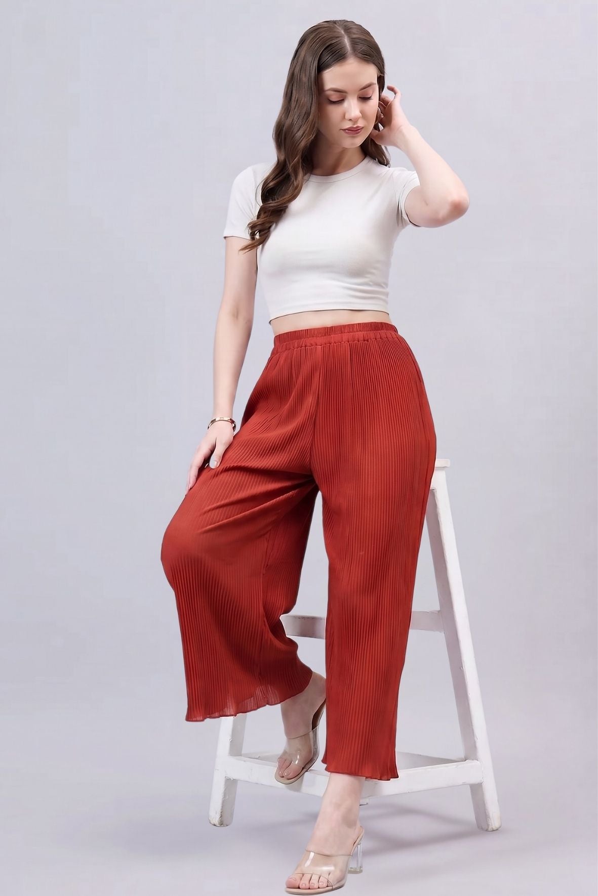 Red Pleated Chiffon Palazzo