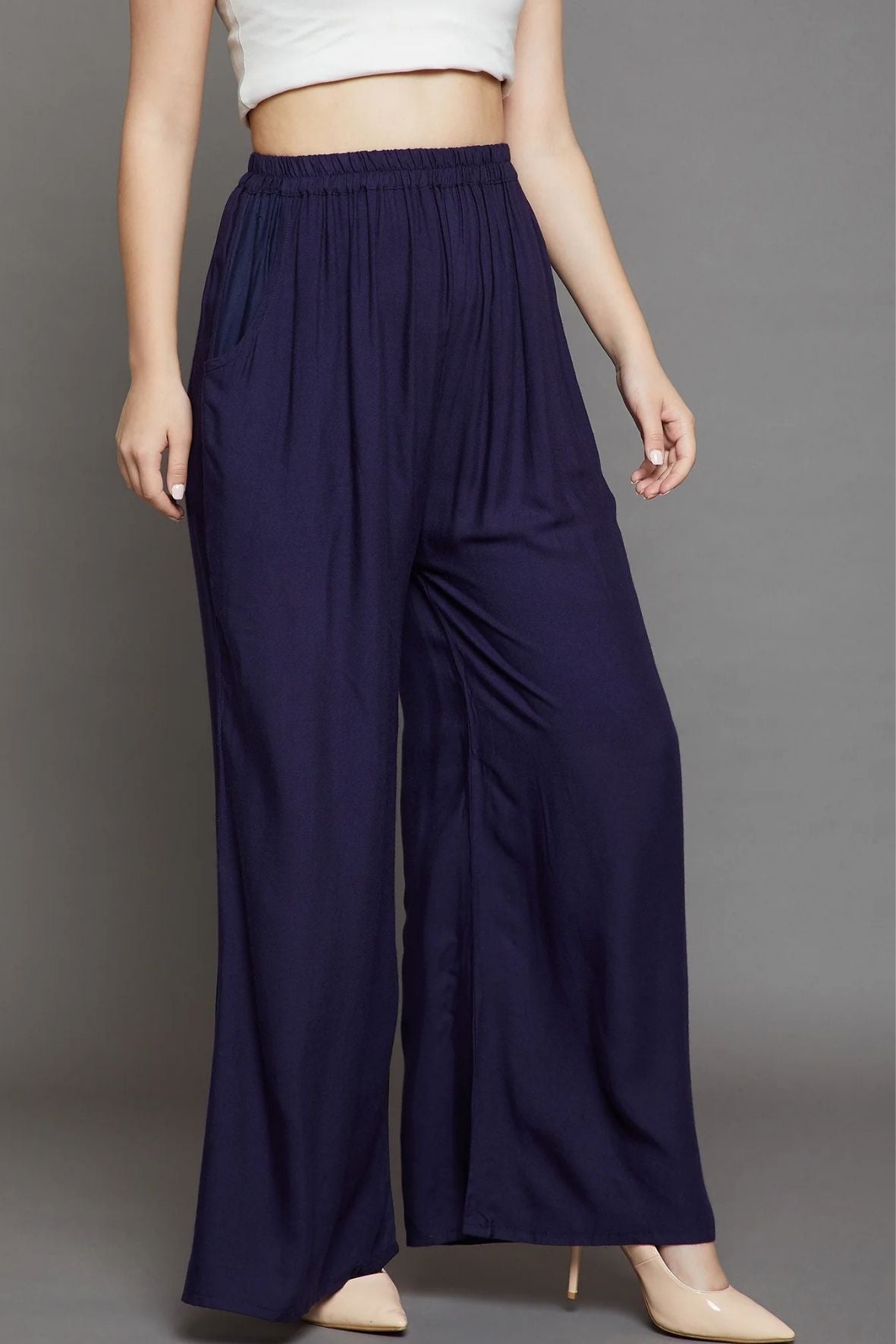 Navy Blue Plain Rayon Palazzo