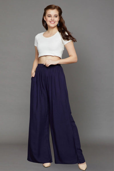 Navy Blue Plain Rayon Palazzo