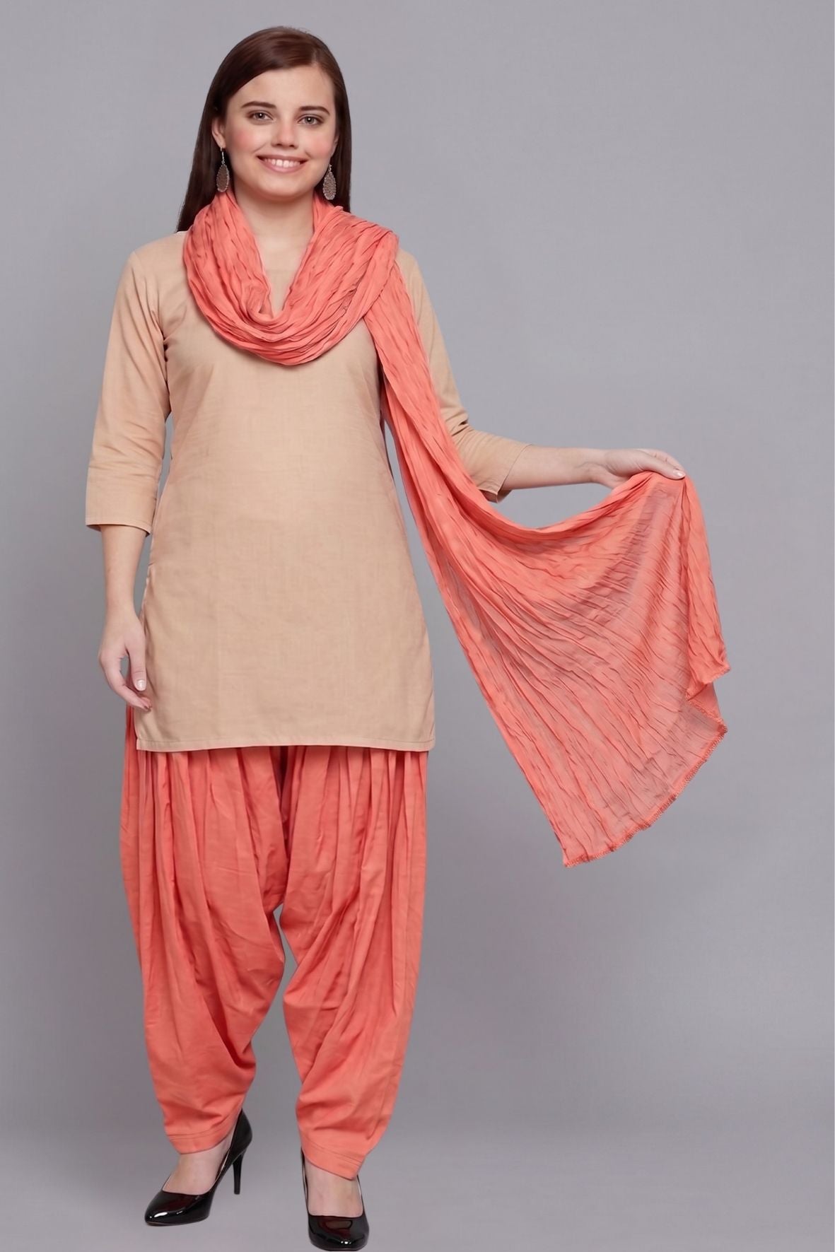 Peach Cotton Plain Patiala with Dupatta