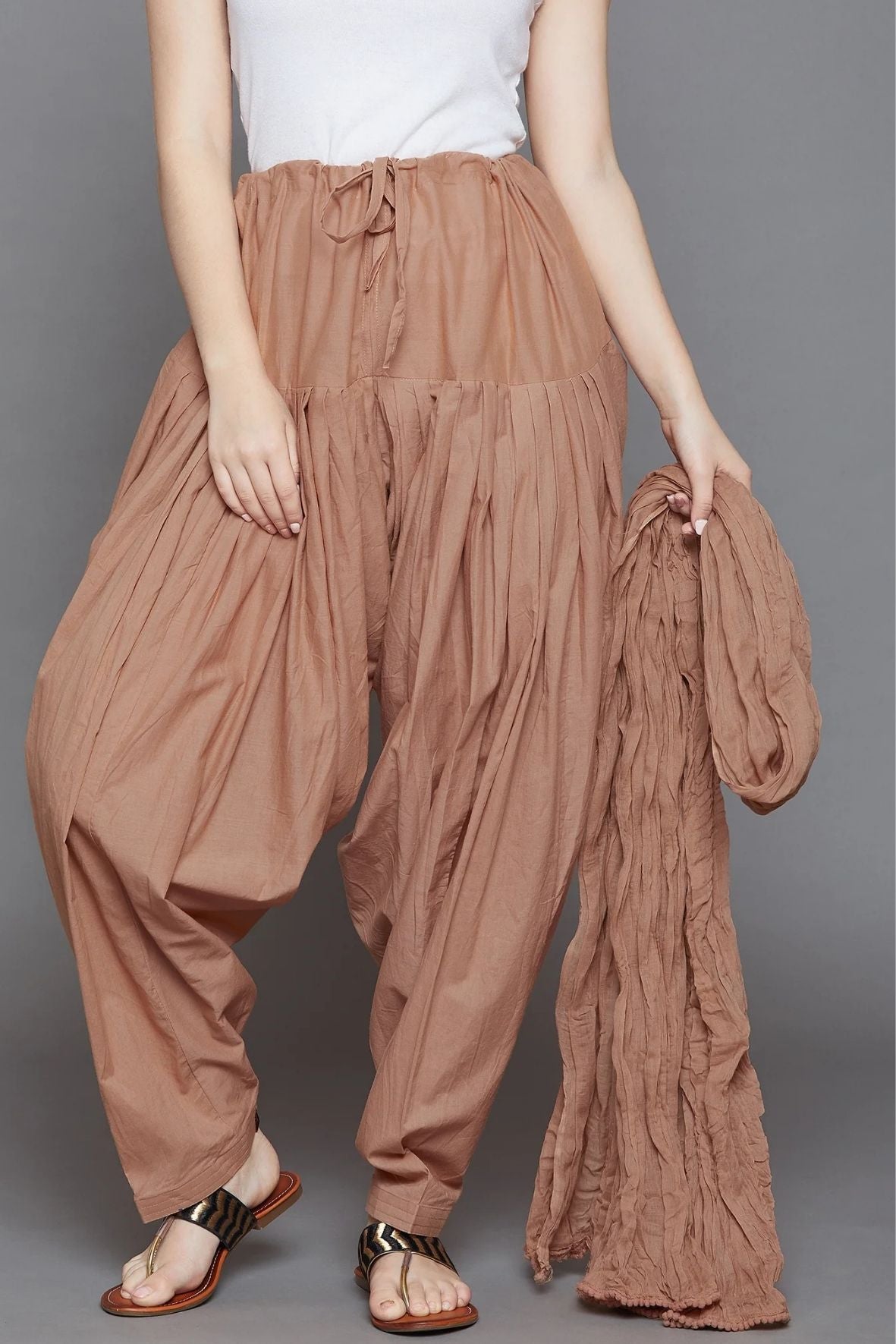Brown Cotton Plain Patiala with Dupatta