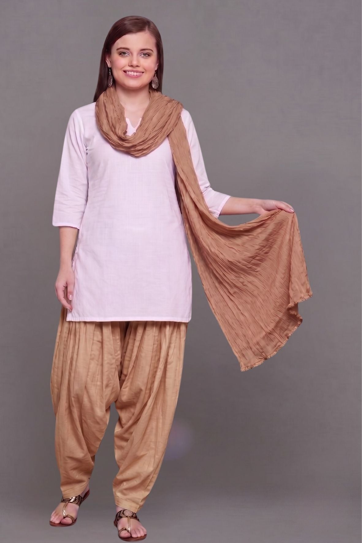 Brown Cotton Plain Patiala with Dupatta