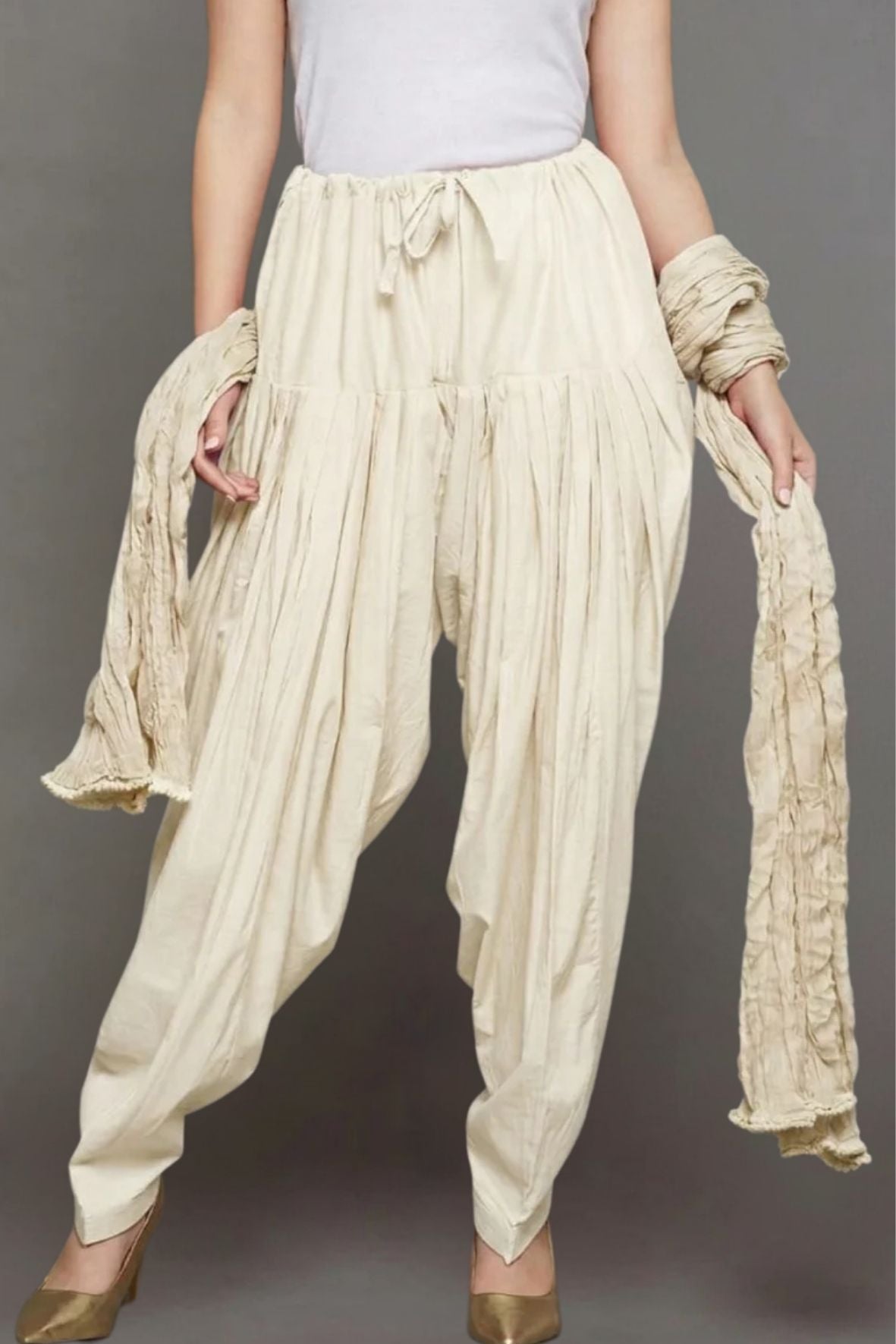 Cream Cotton Plain Patiala with Dupatta