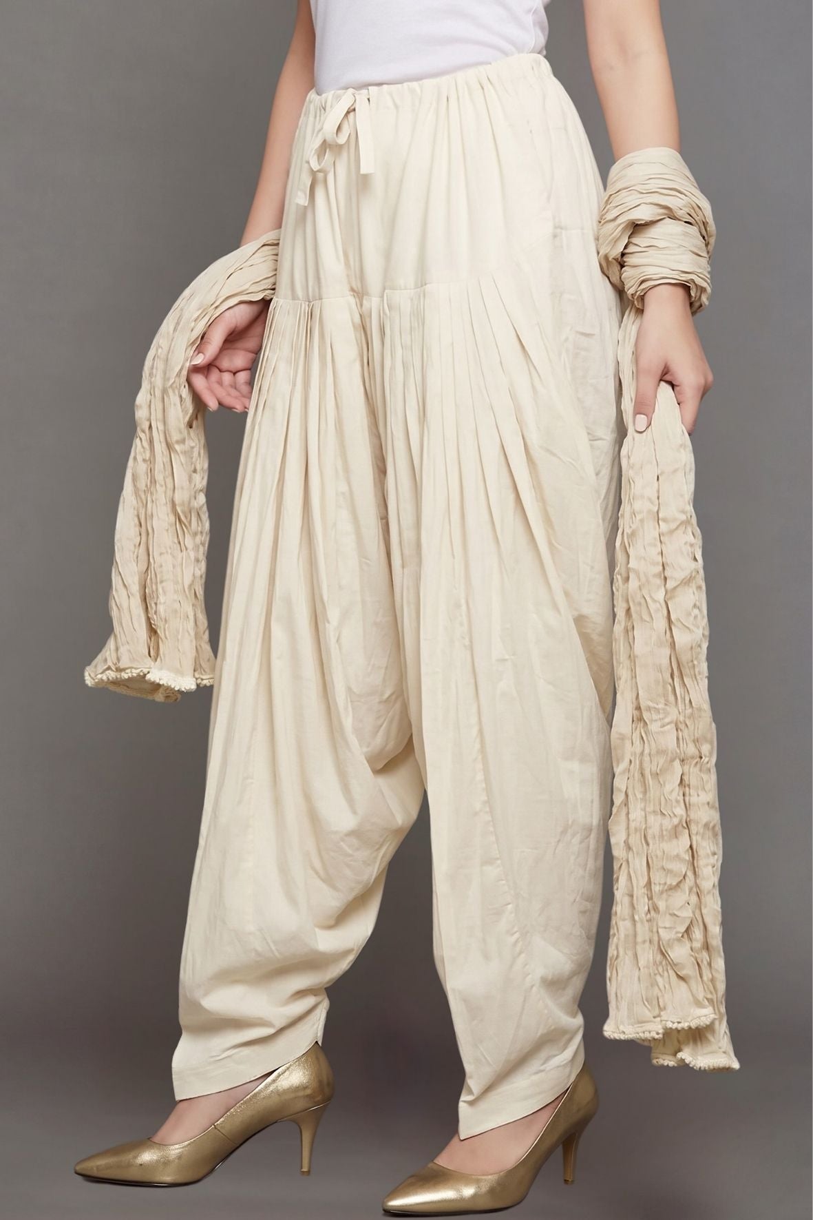 Cream Cotton Plain Patiala with Dupatta