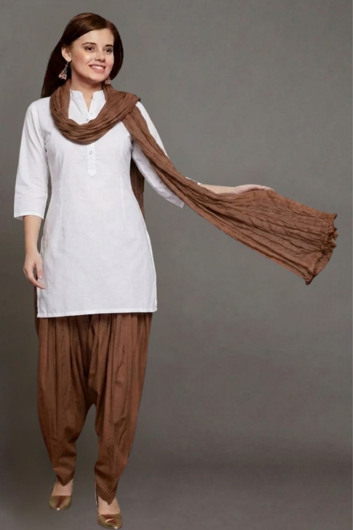 Brown Cotton Plain Patiala with Dupatta