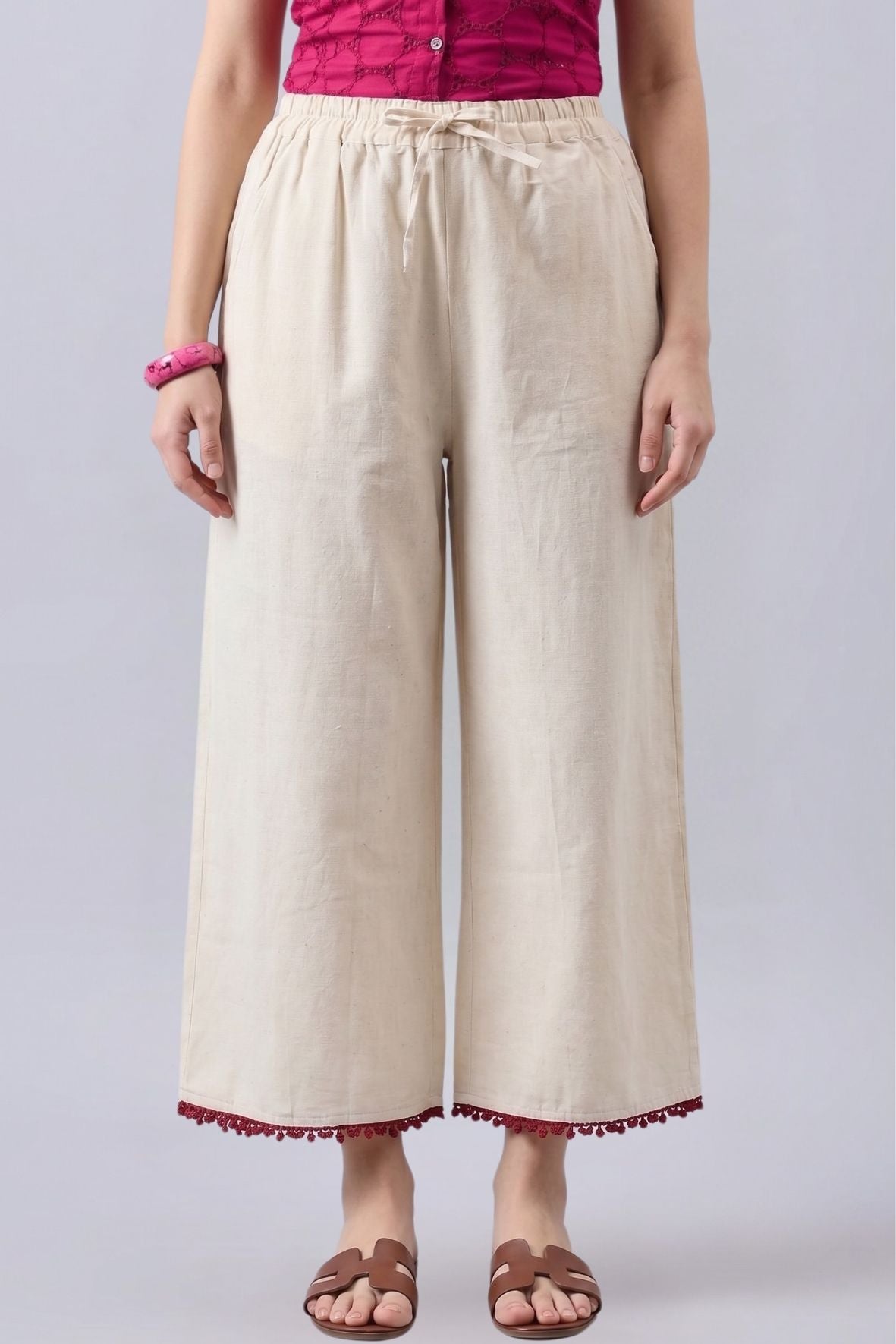 Cotton Palazzo With Maroon Lace Detailing